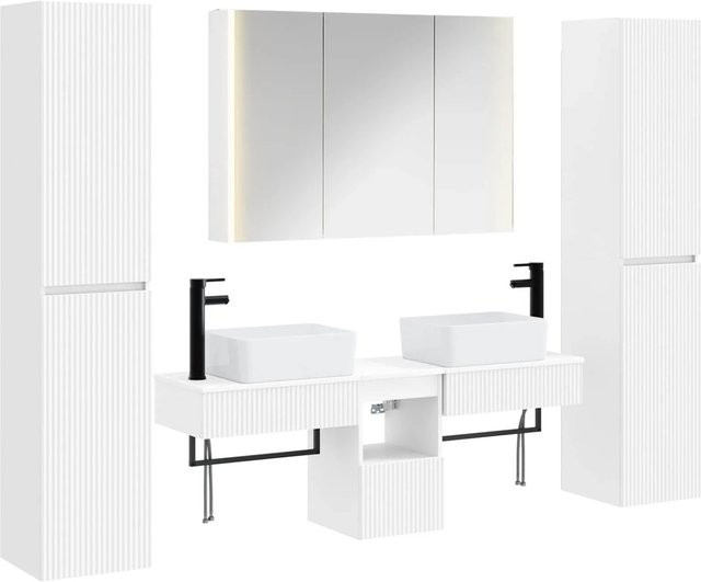 vidaXL Badezimmermöbel-Set 6-teilig in Weiß, modern gestaltet aus Ingenieurholz und Glas mit LED-Beleuchtung und Spiegelschrank - Bild 1