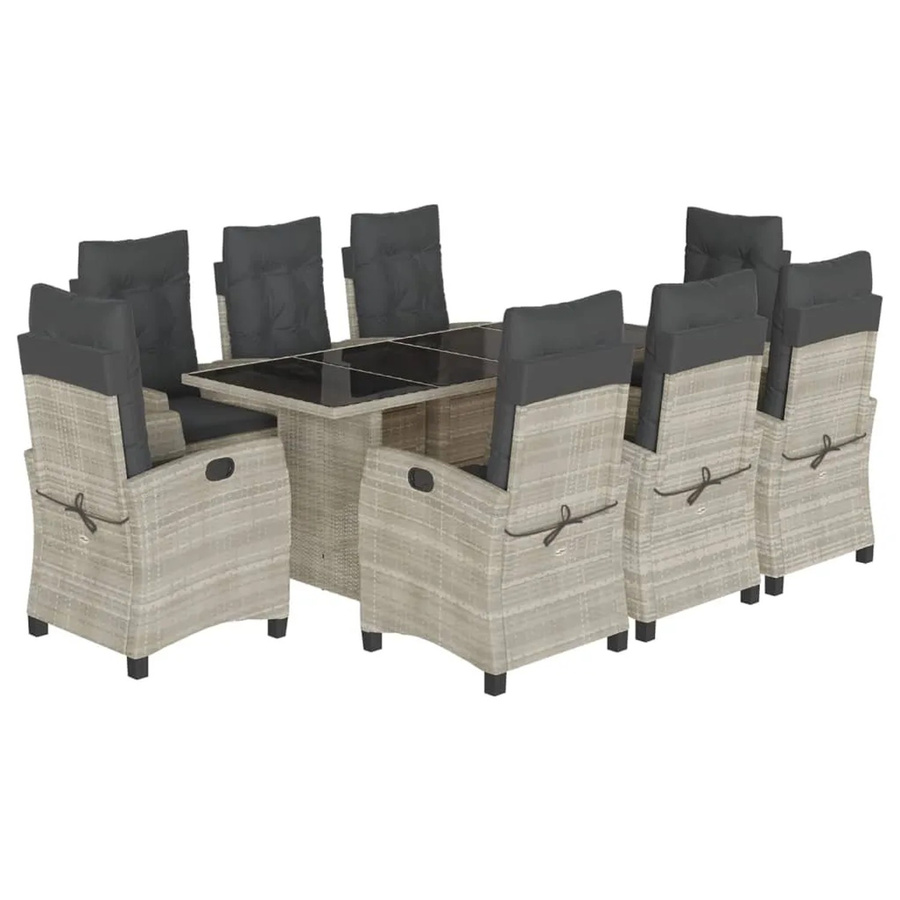 vidaXL 9-teilige Garten-Essgruppe aus Poly Rattan mit Kissen in Hellgrau und Anthrazit sowie Tisch mit Hartglasoberfläche - Bild 2