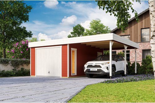 Blockgarage Lasita Maja Bahamas aus Holz in Schwedenrot mit Schwingtor und Stufendach, B/T: 820 x 560 cm - Bild 1