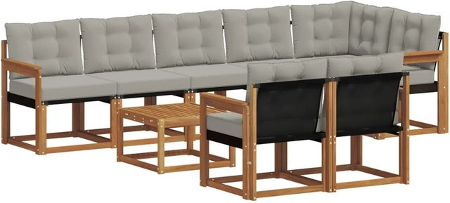 vidaXL Outdoor-Sofagarnitur 9-teilig aus Akazienholz und Textilene in L-Form mit Kissen, Farbe: Natur und Hellgrau - Bild 1