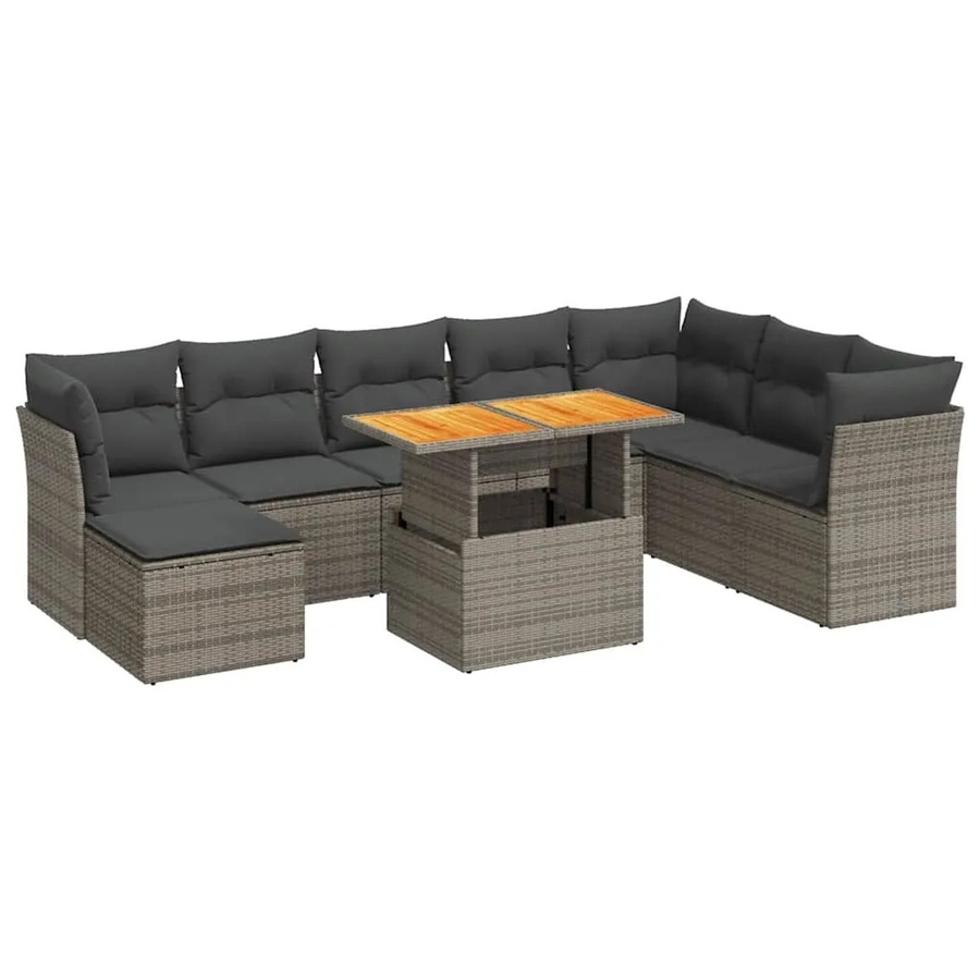 vidaXL 9-teilige Garten-Sofagarnitur aus Poly-Rattan und Akazienholz in Grau mit Kissen - Bild 2