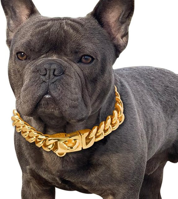 Hundehalsband 18 Karat Gold, Edelstahl, kubanische Gliederkette, 70 cm, Gold - Bild 1