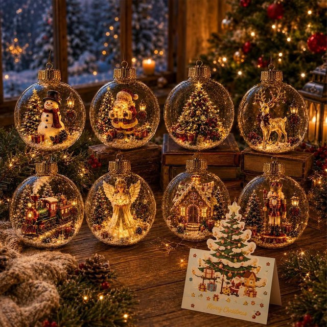 YDM Beauty Life 8er Set Weihnachtsornamente mit LED-Licht, bunte Mini-Weihnachtsszenen aus Kunststoff mit Santa, Schneemann und Rentier, hängende Weihnachtsdekoration in transparent und mehrfarbig - Bild 1