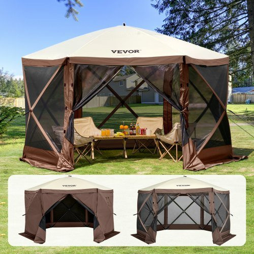 VEVOR Pop-Up-Pavillonzelt mit 6-seitigem Baldachin, Moskitonetz und 6 abnehmbaren Sichtschutz-Windtüchern, Braun, B/T: 381 x 381 cm - Bild 1