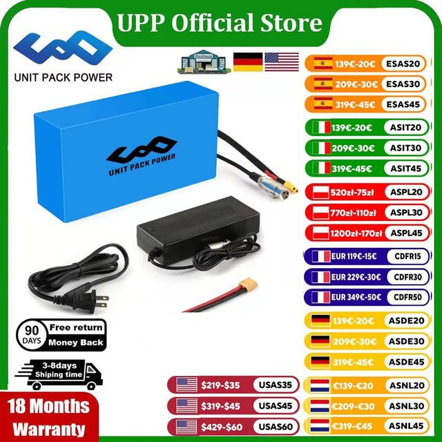 UNITPACKPOWER Lithium-Batterie Pack für E-Bike und Scooter, kompatibel mit 36V, 48V, 52V, 60V und 72V, verschiedene Kapazitäten von 20Ah bis 40Ah, passend für Motoren von 350W bis 3000W - Bild 1