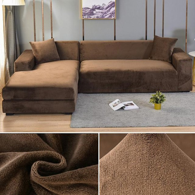 Elastischer Samt-Sofabezug von Your Warm Home in Braun für Ecksofas, 4-Sitzer, Breite: 235-300 cm - Bild 1