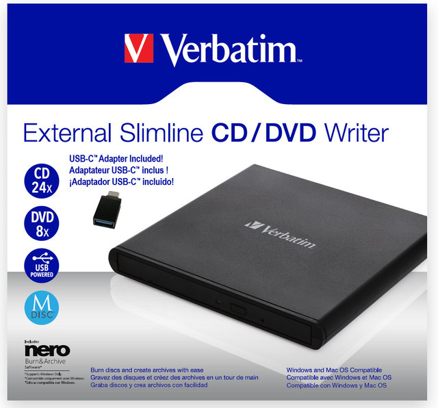Verbatim Slimline Externer CD/DVD-Brenner USB 2.0 in Schwarz inklusive USB-A-zu-USB-C-Adapter - Bild 1