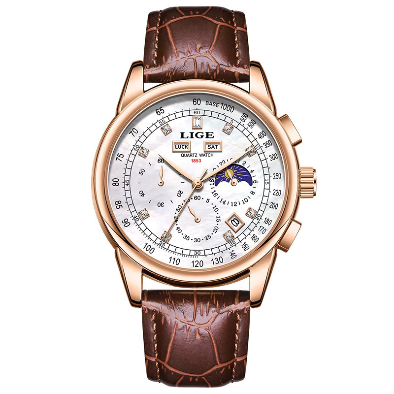 LIGE Chronograph Herrenuhr, Quarz, Leder, Roségold, Weiß - Bild 6