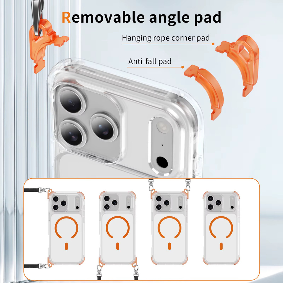 RPKKS MagSafe Handyhülle mit abnehmbarem Halskettenband Lanyard für iPhone 12 bis iPhone 17 Pro Max, transparent/orange - Bild 2