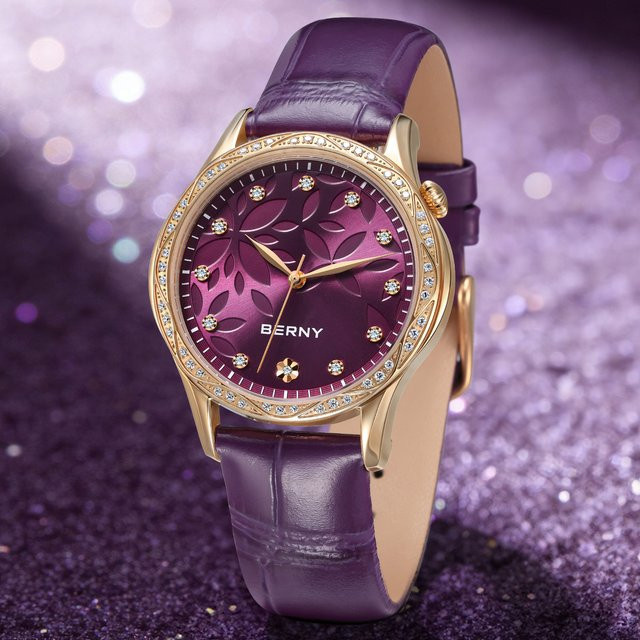 BERNY Armbanduhr Quarz, Roségoldgehäuse, lila, Diamant, Zirkonia, Leder, Damen - Bild 1