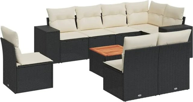 vidaXL 9-teilige Garten-Sofagarnitur aus Poly-Rattan und Akazienholz in Schwarz-Creme mit Kissen - Bild 1