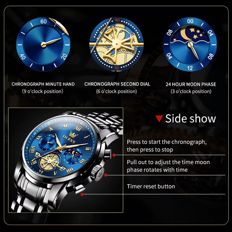 OLEVS Chronograph, Quarz, Edelstahl, Blau, Herren - Bild 4