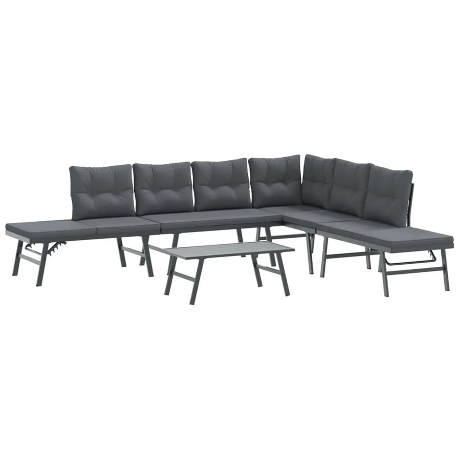 vidaXL 5-tlg Garten-Sitzgruppe L-Form aus pulverbeschichtetem Stahl mit Kissen in Schwarz, Anthrazit und Grau - Bild 2