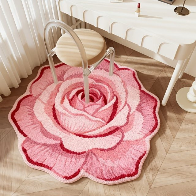 VIKAMA Runder Teppich in Rosa mit floralem Design, Maschinenwaschbar, Durchmesser: 60 cm - Bild 1