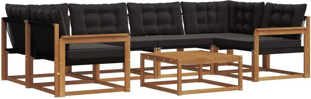 vidaXL Outdoor-Sofagarnitur 7-teilig in U-Form aus Akazienholz und Textilene mit Kissen, Schwarz und Natur - Bild 1
