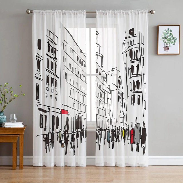 Moderne Graffiti Tüll Vorhänge von A Family Of Home Textiles in Schwarz Weiß mit Cartoon-Motiv, transparent, B: 135 cm, H: 137 cm - Bild 1
