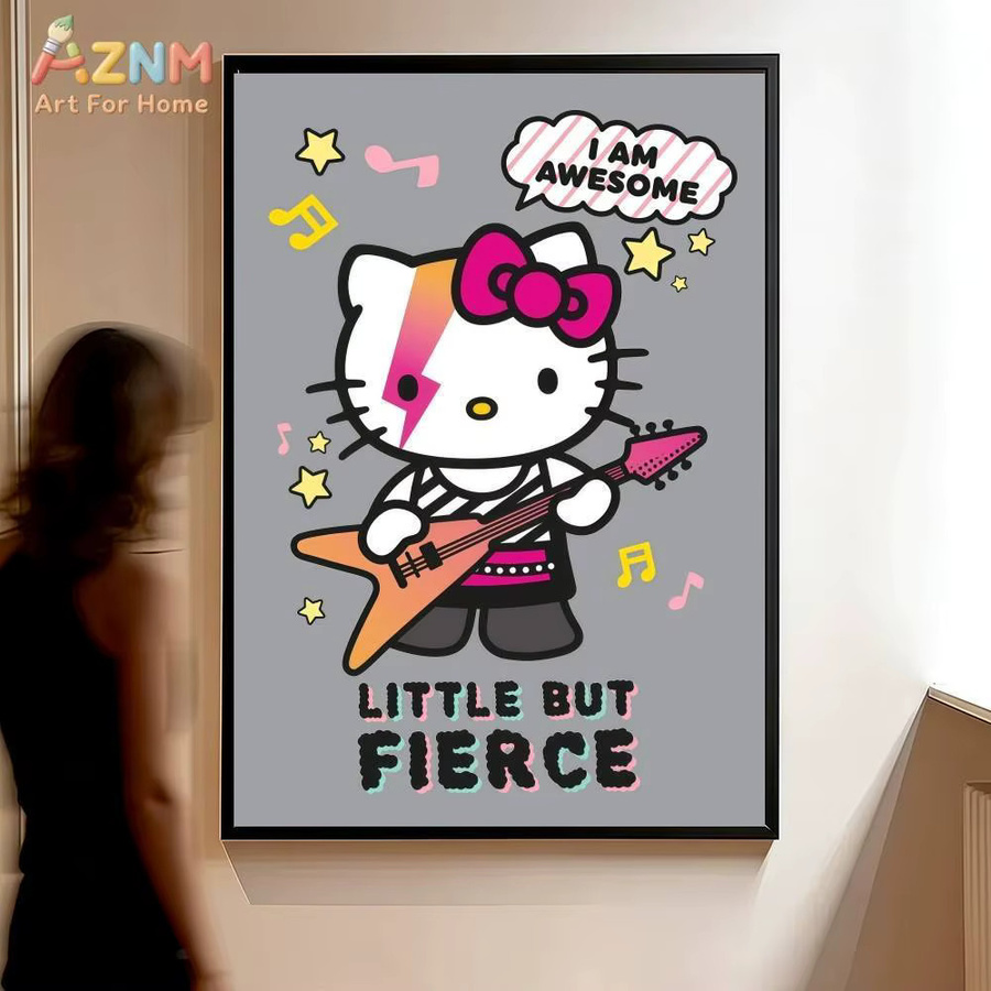 AZNM Hello Kitty Sanrio Leinwand-Wandkunst Pink Punk Style C, ungerahmtes Cartoon-Poster mit Katzen-Rockstar-Motiv, mehrfarbig - Bild 5