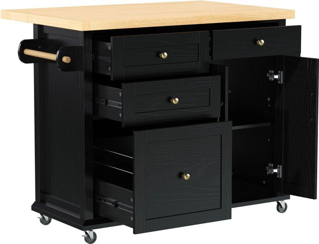 okwish Kücheninsel mit Rollen und Ausziehtisch in Schwarz, Multifunktions-Küchenwagen mit Schubladen, B: 107 cm, T: 45-70 cm, H: 90 cm - Bild 1