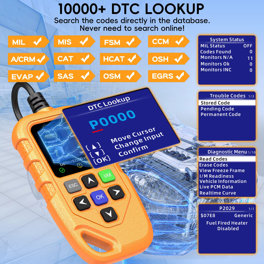 RUOGINSS OBD2-Scanner Diagnosetool in Orange mit Motorlicht-Codeleser, Reset-Funktion und Batteriespannungstester für alle OBD II Autos und LKWs - Bild 5