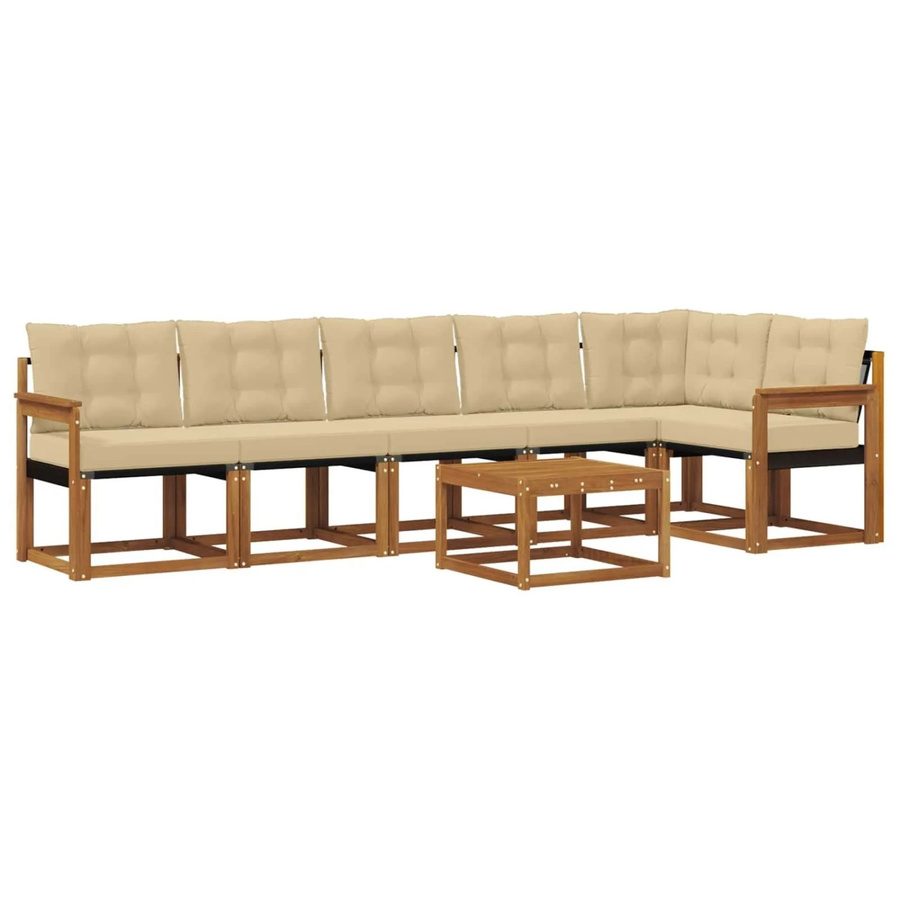 vidaXL Outdoor-Sofagarnitur 7-teilig aus Akazienholz mit Kissen in Natur und Beige, L-Form mit Textilene und Armlehnen - Bild 2