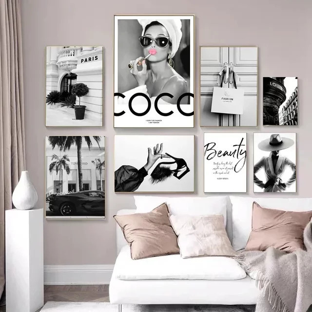 Potdemiel Leinwand Wandkunst Dekorative Gemälde im modernen Stil Schwarz Weiß Paris Mode und Luxus Poster für dein Wohnzimmer - Bild 1
