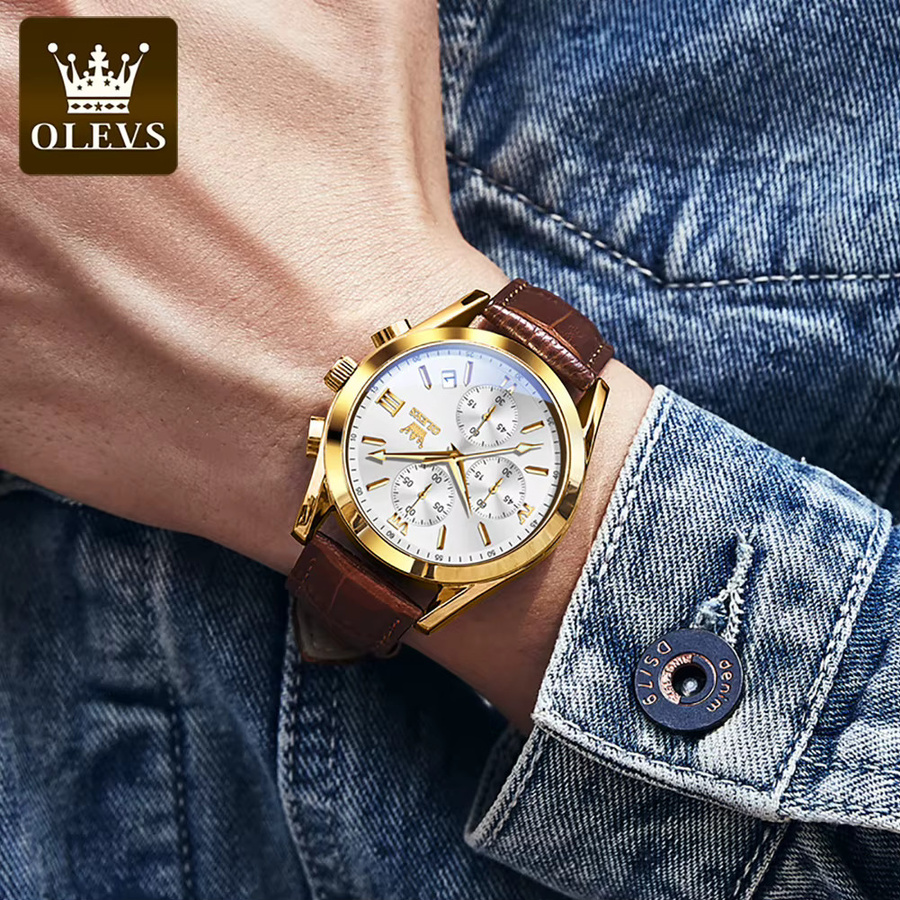 Olevs Chronograph Armbanduhr, Quarz, Leder, Gold, Herren - Bild 3