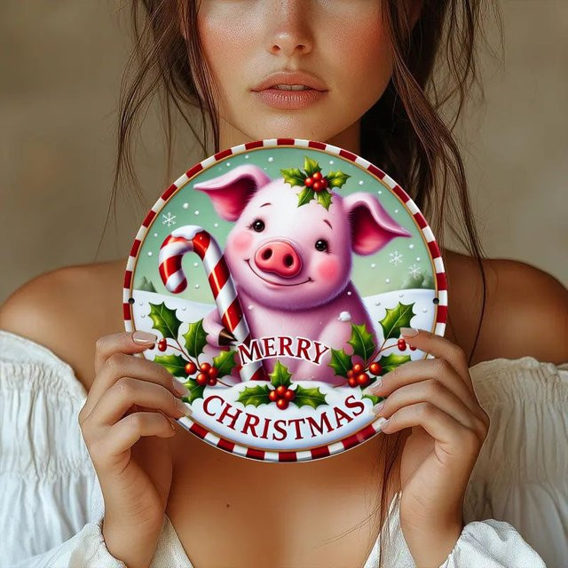 Rundes Metallschild Potdemiel Merry Christmas Little Pig mit Lollipop-Motiv, Mehrfarbig, Durchmesser: 20 cm - Bild 1