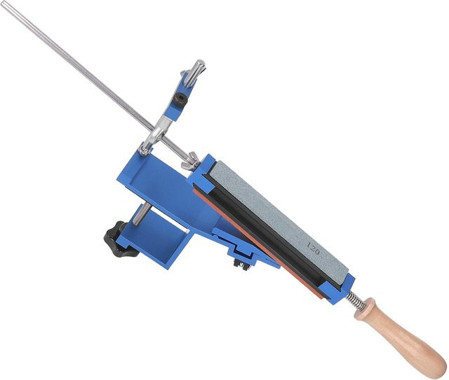 Professionelles Messerschärfset Painter mit 6 Schleifsteinen und festem Winkel in Blau und Holzoptik - Bild 1
