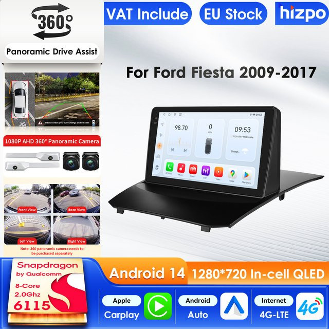 Hizpo Android 14 2Din Autoradio für Ford Fiesta 2009 - 2017 mit GPS, Carplay, 4G und WIFI in Schwarz - Bild 1