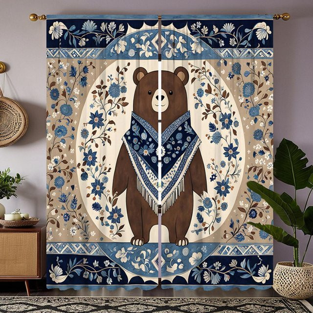 2er-Set Dekovorhang mit Bären- und Blumenmuster in Blau und Weiß, digital bedruckter Stoffvorhang für dein Wohnzimmer, B/H: 132 x 160 cm - Bild 1