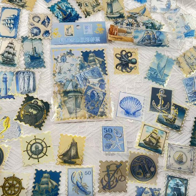 50 Stück Story Store Vintage-Stempel-Aufkleber in Gold und Blau, wasserfeste transparente PET-Aufkleber zur Dekoration von Journal und Scrapbooking - Bild 1