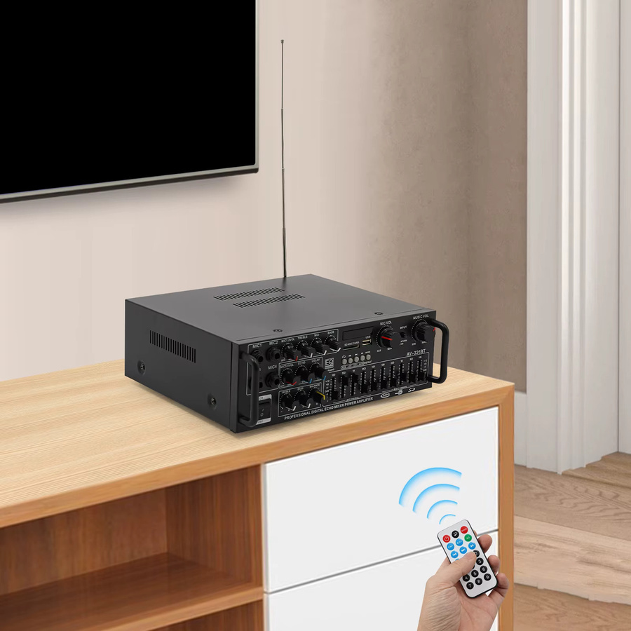 Bymaocar AV-326BT 2-Kanal Bluetooth Stereo HiFi Leistungsverstärker in Schwarz mit 200W+200W Digitalem Audio-Verstärker, Karaoke-Mikrofoneingang, FM-Radio, USB und SD-Karte inklusive Fernbedienung - Bild 3