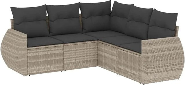 vidaXL 5-teilige Garten-Sofagarnitur in L-Form aus Poly-Rattan in Hellgrau mit Kissen und Polstern - Bild 1