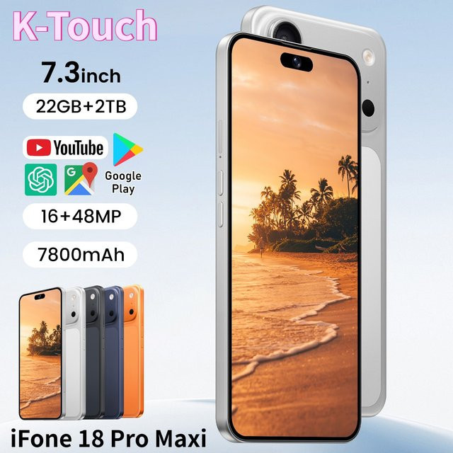K-Touch iFone 18 Pro Maxi Android Smartphone 5G mit 7,3 Zoll HD Display, 22GB RAM, 2TB Speicher, Face ID und Dual-SIM in Weiß - Bild 1