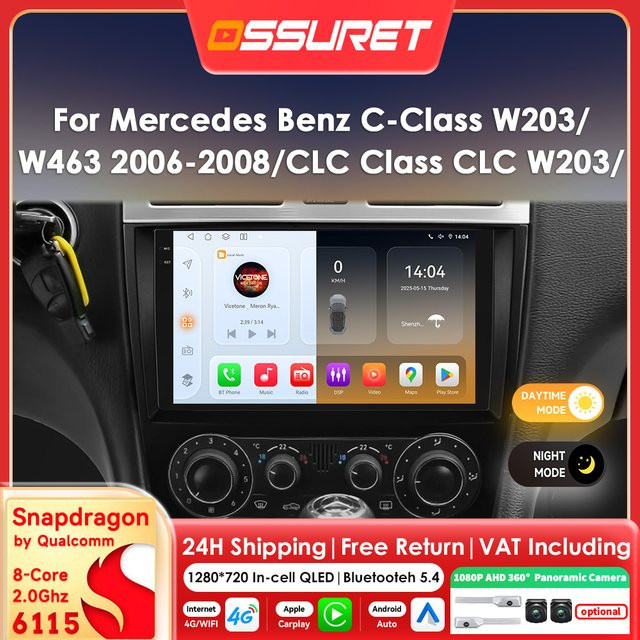 OSSURET Android 14 Autoradio mit Carplay und GPS für Mercedes Benz C/CLC-Klasse W203, G-Klasse W463 und CLK W209, Multimedia-System mit 360 Kamera Bildschirm, Schwarz - Bild 1