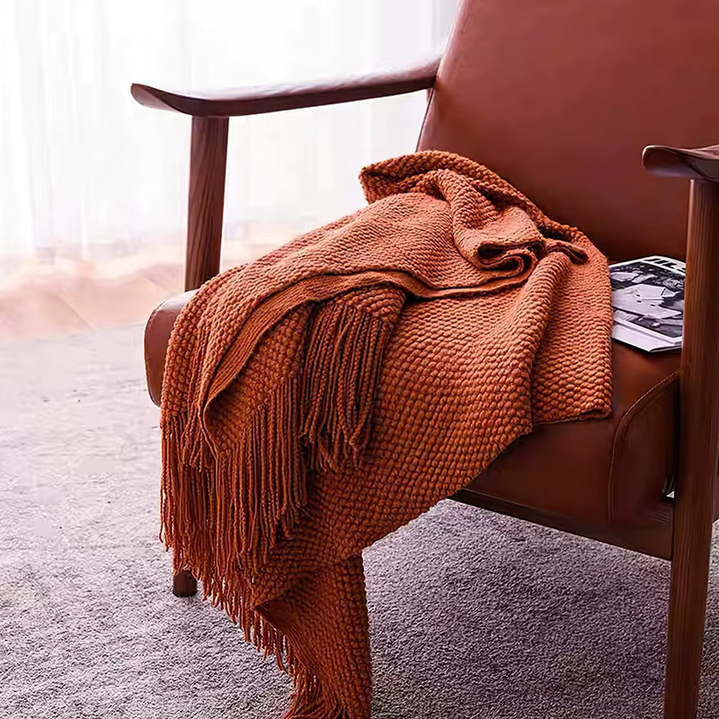 Inyahome Strickdecke mit Quasten im Vintage-Stil, Orange und Grau, B/B/H: 172 x 127 cm - Bild 5
