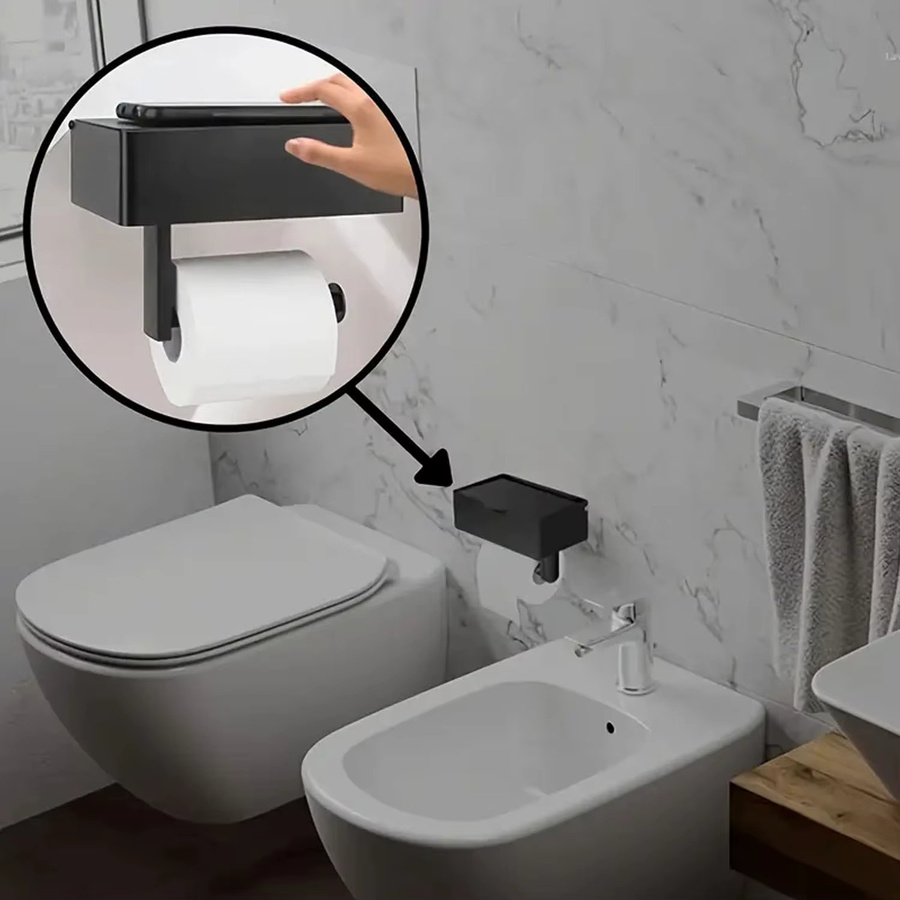 Ouelico Toilettenpapierhalter aus Edelstahl in Schwarz zur Wandmontage mit Ablagefach und Feuchttücher-Spender - Bild 3