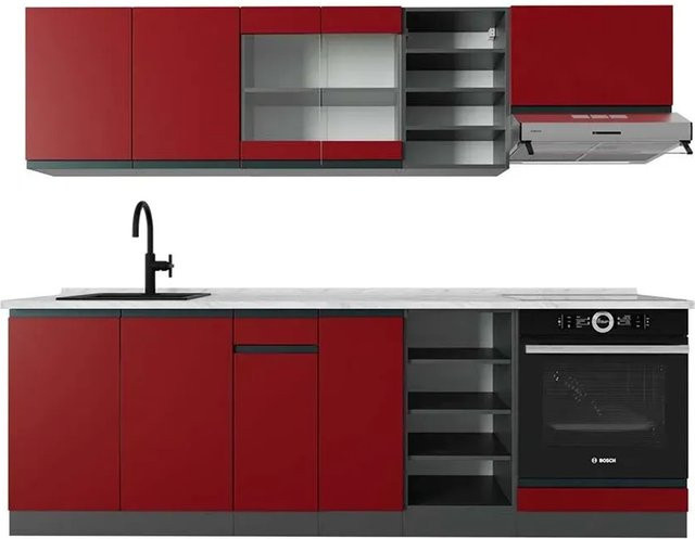 Vicco R-Line Küchenzeile in Rot und Anthrazit mit Marmor-Optik, Breite: 240 cm - Bild 1