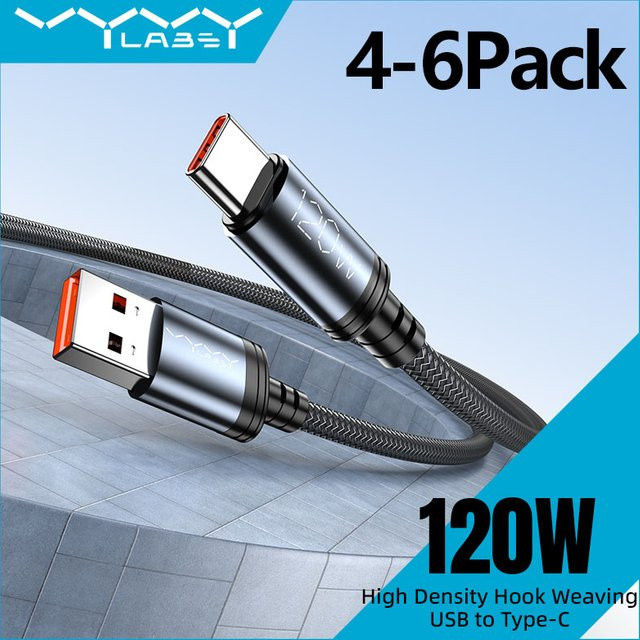 vyvylabs USB auf Typ-C Schnellladekabel 120W 10A mit Datensynchronisation, Schwarz, 4-6 Stück - Bild 1