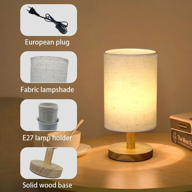 TRAZOS Massivholz Tischlampe mit Stofflampenschirm in Beige im Retro-Design für das Schlafzimmer - Bild 1