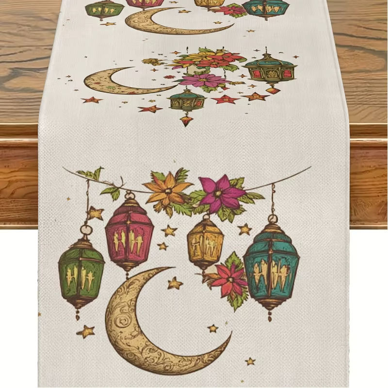 VIKAMA Ramadan Tischläufer mit buntem Halbmond-Laternen-Design aus Leinen, rechteckig, Mehrfarbig, Breite: 90 cm, Tiefe: 33 cm - Bild 3