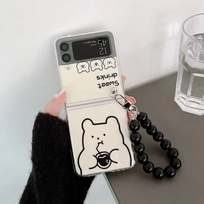 Samsung Galaxy Z Flip Schutzhülle mit Cartoon-Bär und Trageband in Transparent - Bild 1