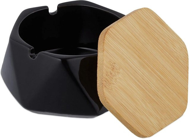 Relaxdays Tischaschenbecher aus Keramik mit Bambusdeckel in Schwarz, B: 6 cm, T: 11,5 cm, H: 10,5 cm - Bild 1