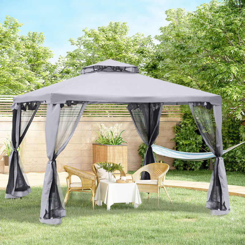 Outsunny Gartenpavillon Partyzelt mit 4 Seitenwänden aus Metall und Polyester in Hellgrau, B/T: 300 x 300 cm - Bild 2