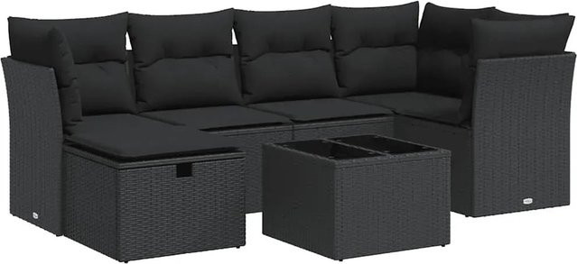 vidaXL 7-tlg. Garten-Sofagarnitur in L-Form aus Polyrattan mit Kissen in Schwarz - Bild 1