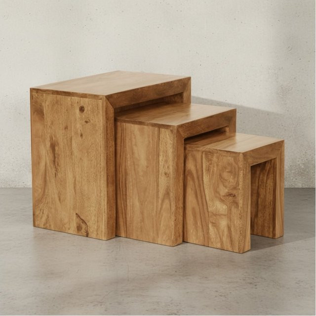 KADIMA DESIGN Satztisch Set aus Massivholz Akazie, 3-teilig, braun, B/T/H: 45 x 50 x 30 cm, 37,5 x 37,5 x 28 cm, 30 x 25 x 25 cm - Bild 1