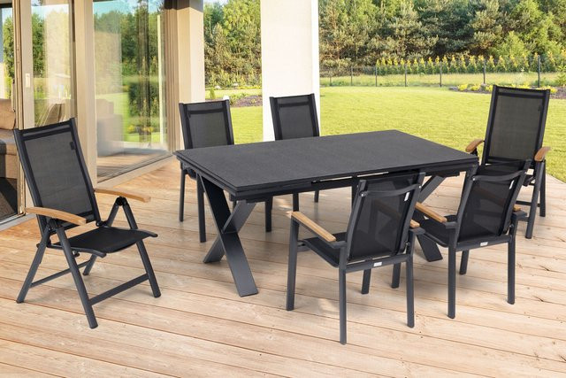 OUTFLEXX Garten-Essgruppe in Anthrazit Matt aus Aluminium, Teak und Spraystone-Glas mit ausziehbarem Tisch und 6 Stühlen - Bild 1