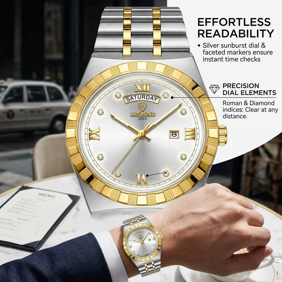 BINBOND Armbanduhr Edelstahl, Bicolor, Gold, Quarz, Herren - Bild 4