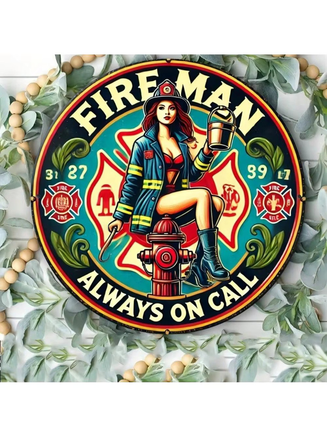 CIFBUY Vintage Feuerwehrmann-Blechschild, runde Metall-Wanddekoration im Retro-Stil, Mehrfarbig, Durchmesser: 20,3 cm - Bild 4