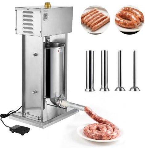 VEVOR elektrischer Wurstfüller aus Edelstahl in Silber mit 12 L Füllmenge, stufenloser Geschwindigkeitsregelung und Fußpedal inklusive 4 Wurstfüllrohren - Bild 1